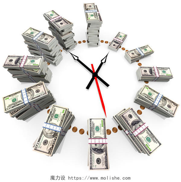 钞票摆成的钟表时间与金钱之间的关系
